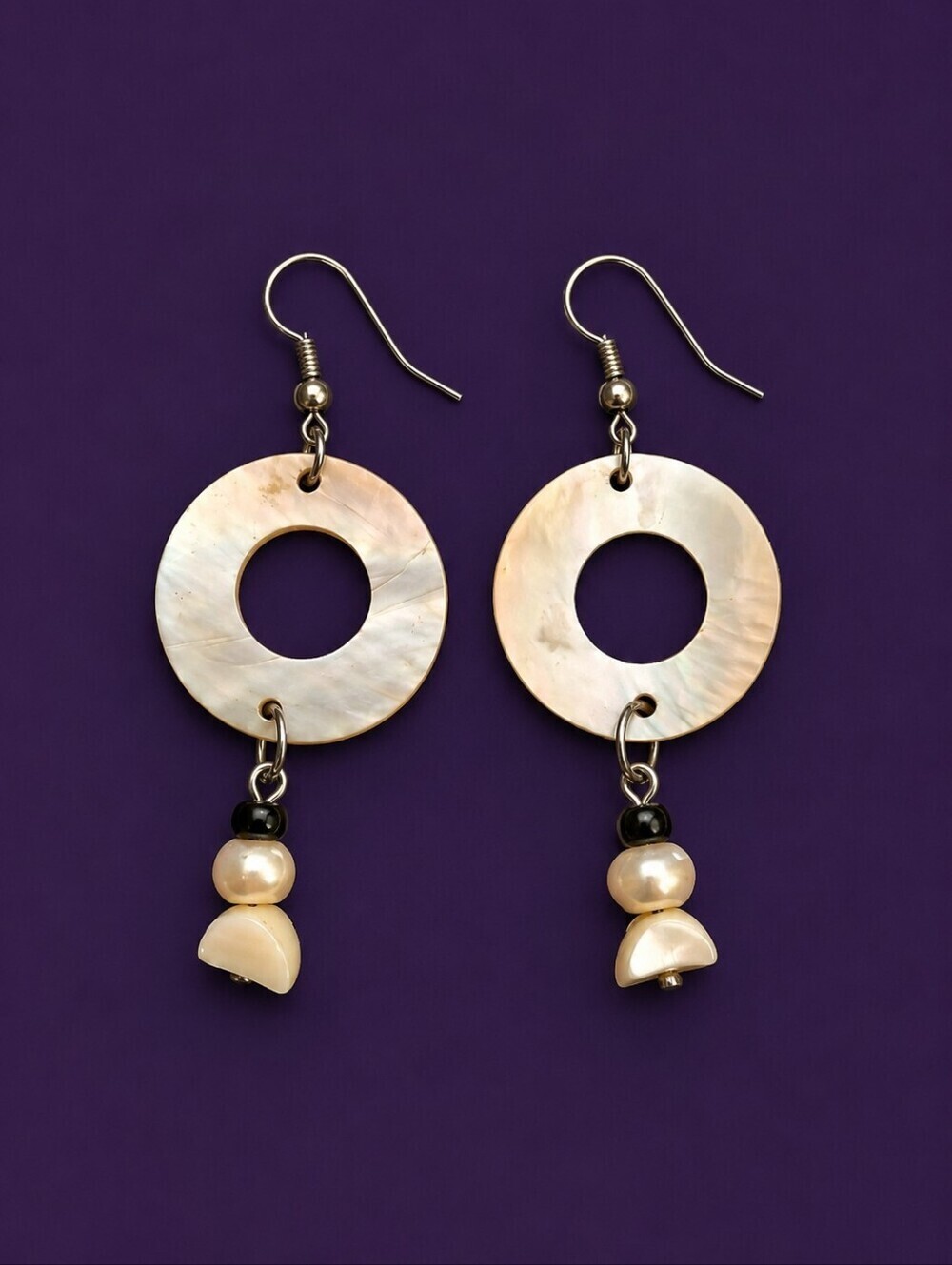 Vintage Coastal Circle Shell Dangle Hook Earrings